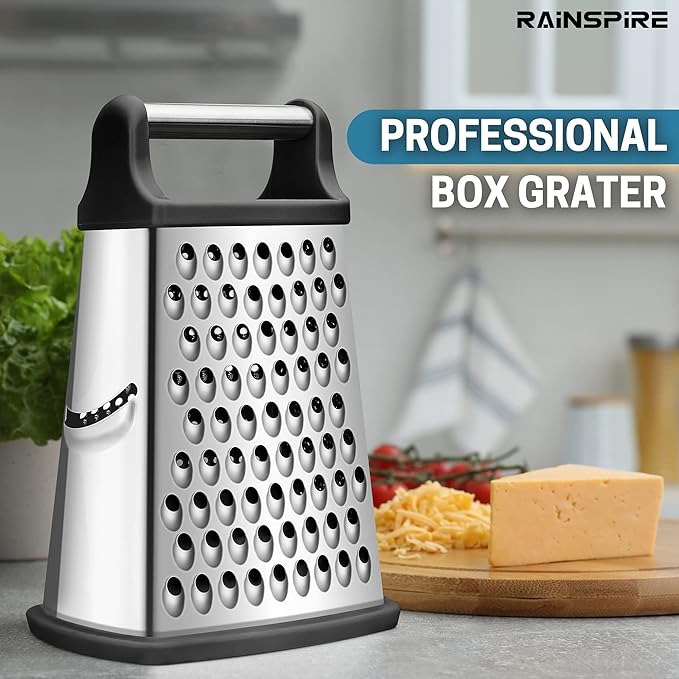 Rainspire Professional Box Grater, Cheese Grater Box for Kitchen Stainless Steel with 4 Sides, Cheese and Spice Graters with Handle for Vegetables, Ginger, Potatoes, Black