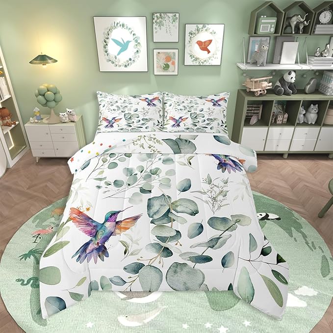 Erosebridal Cartoon Hummingbird King Size Comforter Set Toddler Wildlife Bird Bedding Set, Spring Plant Down Comforter Eucalyptus Leaf Bed Set, Jungle Animal Theme Quilted Duvet Kids Room Decor