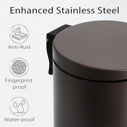 TIPGO Small Trash Can with Lid Soft Close, 4.5 Liters / 1.2 Gallon Bathroom Garbage Can, Mini Step Trash Bin, Stainless Steel Wastebasket for Bathroom, Bedroom, Office (Brown)