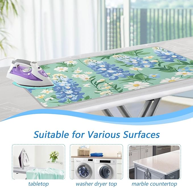 Mint Green Bluebonnet and Daisies Ironing Mat for Table top Portable Ironing Pad Blanket for Washer Dryer Countertop Travel