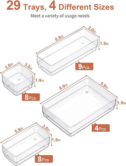 SMARTAKE 29-Piece Drawer Organizer with Non-Slip Silicone Pads, 4-Size Desk Drawer Organizer Trays Storage Tray for Makeup, Jewelries, Utensils in Bedroom Dresser, Office and Kitchen (Clear)