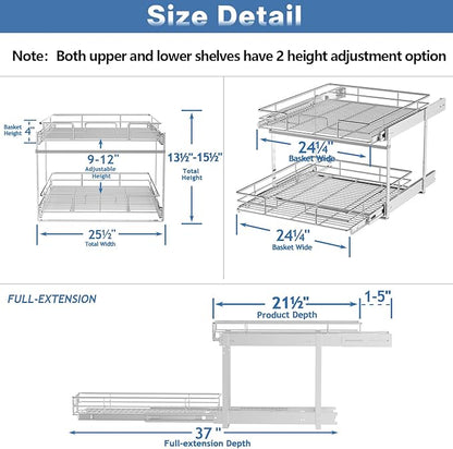 LOVMOR 2 Tier Individual Pull Out Cabinet Organizer 25½" W x 21½" D, Slide Out Kitchen Cabinet Storage Sliding Shelves