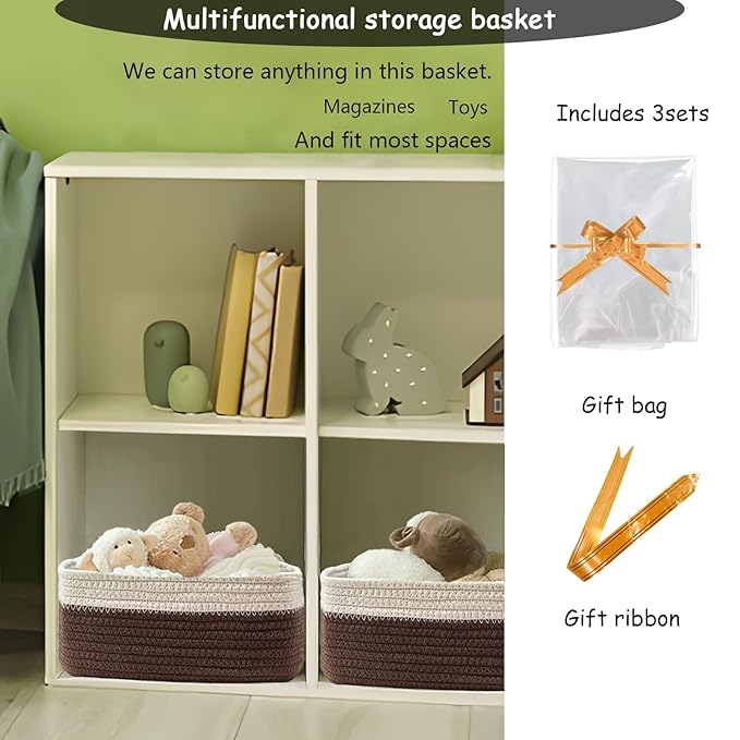 COMFY-HOMI 13" x 8.5" x 5.1"Storage Baskets for Organizing | Cotton Rope Woven Basket | Toy Storage Bin Box | Basket for Shelves, Closet Organizer Bin, Decorative Closet Shelf, 3 Pack,WHT/dark brown