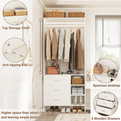 Aheaplus 2.5FT Closet System with 3 Drawers, 29.5’’ Closet Organizer, Wood Closet Organizer System, Walk-in Closet or Small Closets Wardrobe, Clothes Rack with Hanging Rods,-E6, White