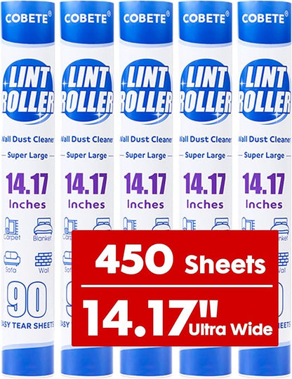 COBETE Large Extra Sticky Lint Roller Refills Pack of 5, 450 Sheets Replacement for Cobete Brand Large Lint Rollers