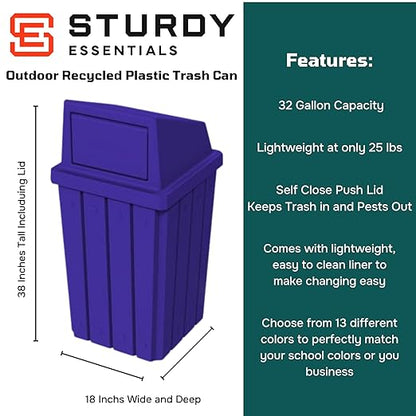 32 Gallon Square Slatted 100% Recycled Plastic Heavy-Duty Commercial Outdoor or Indoor Trash Can with Push Top Lid | Great for Schools and Businesses - Blue