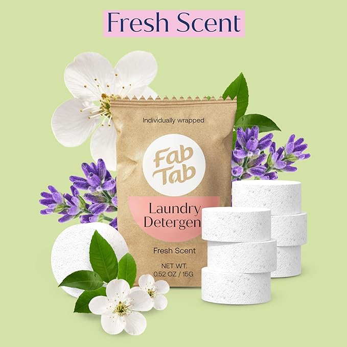 Fab Tab Laundry Detergent Tablets, Plant-Based Formula, Removes Tough Stains, Plastic-Free Alternative to Pods, All Washing Machines (12 Count, Floral)