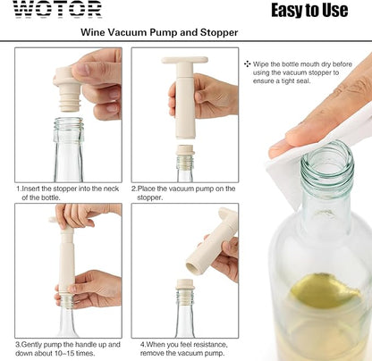 WOTOR Wine Saver Vacuum Pump with 4 Stoppers, Wine Stopper & Preserver, Reusable Bottle Sealer Keeps Fresh, Ideal Accessories Gift, Flat Handle (Cream)