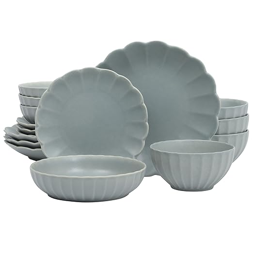 Gibson Elite Malibu Shore 16 Piece Scallop Stoneware Reactive Glaze (Service for 4) Ceramic Plates and Bowls Dinnerware Set - Blue