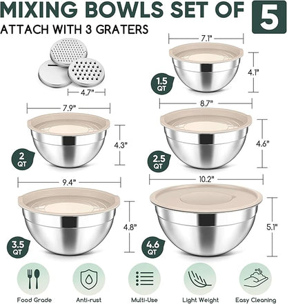 Herogo 5-Piece Mixing Bowls with Lids, 3 Grater Attachments, Stainless Steel Salad Bowls for Kitchen, Size 4.6, 3.5, 2.5, 2, 1.5QT Ideal for Baking, Prepping, Mixing and Serving, Khaki