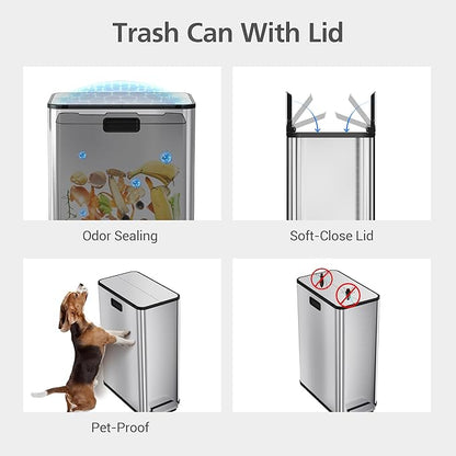 2 x 7.4 Gal (2 x 28L) Slim Trash Can, Stainless Steel Dual Compartment Step-On Recycling Bin with Butterfly Lids & Removable Plastic Inner Buckets for Kitchen, Home, Office