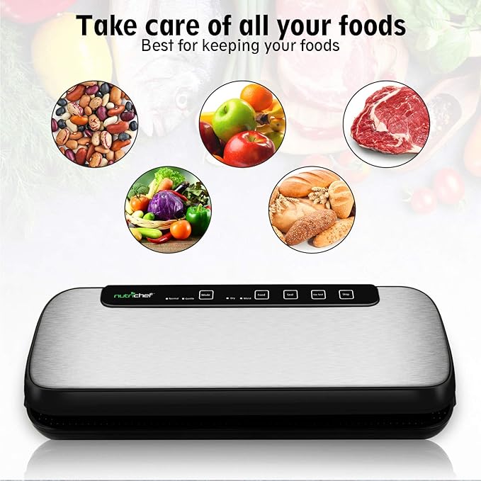 NutriChef Stainless Steel Vacuum Sealer For Food - High-Power Machine with Adjustable Suction, Dry & Moist Modes, LED Lights, Bags, Wine Stopper & Hose, Easy Plug-in Design, Lab-Tested Food Storage
