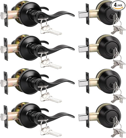 KNOBWELL 4 Pack Keyed Alike Door Lever Handle with Single Cylinder Deadbolt, Matte Black Exterior Doorknob Handleset with Deadbolt, Keyed Entry Front Door Entry Lever Lockset