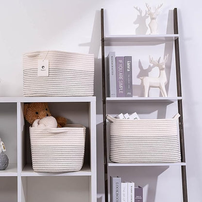 Medium and Large Woven Basket//With Handle, Used for Toys and Fabric Storage Basket used for Storing xl Storage Box, Decorative Storage Box Room 2pack (14L*10W*8.6H White/Black Line, 14Lx10Wx8.6H)