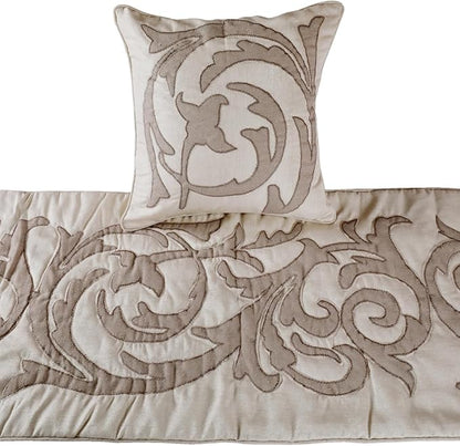 The HomeCentric Designer Ivory & Beige Full 68 x 18 inch Bed Runner Without Pillow Cover, Linen Lurex Applique Bed Scarf, Abstract Modern - Pretty Dainty