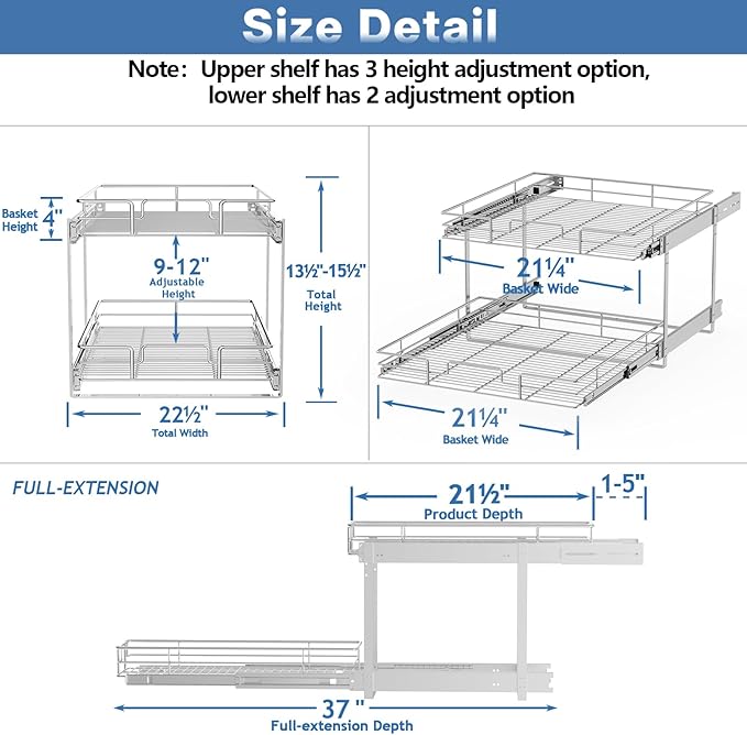 2 Tier Individual Pull Out Cabinet Organizer 22½" W x 21½" D, Heavy Duty Cabinet Pull Out Shelves, Slide Out Drawers Organization for Kitchen Cabinets Bathroom