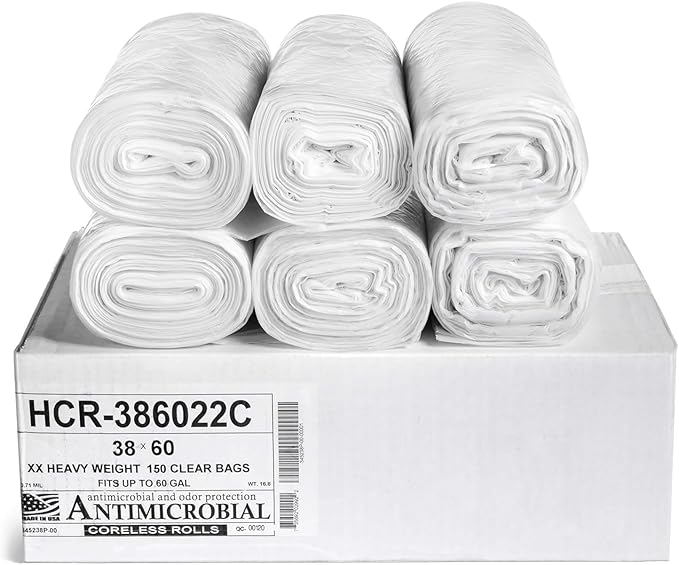 Aluf Plastics High Density Trash Bags, 60 Gallon, 150 Count, 22 Micron (eq), 38" x 60", Clear, for Bathroom, Office, Industrial, Commercial, Janitorial, Municipal, Recycling