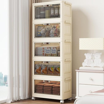 5 Tier - 48QT Storage Bins with Lids, Collapsible Storage Bins with Doors and Wheels, Plastic Storage Cabinet for Easy Storage and Organization for Living Room, Office