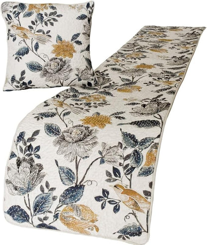 The HomeCentric King/Queen/Twin Blue & Ivory Designer Twin 53"x18" Bed Runner with Pillow Cover, Bird, Pearl & Quilted Bed Scarf on Linen Fabric - Vintage Birdena