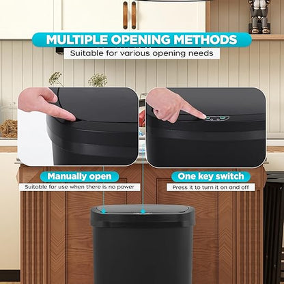 Automatic Motion Sensor Bathroom Trash Can with Lid, 13 Gallon Touchless Trash Bin, Smart Dog Proof Garbage Can, Touch Free Waste Basket for Toilet, Office, Bedroom,Black,2