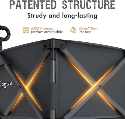 PORTAL Collapsible Wagon with Brakes, Heavy Duty Utility Cart with All-Terrain Wheels, Portable Folding Wagons for Camping, Beach, Garden, Shopping, and Groceries