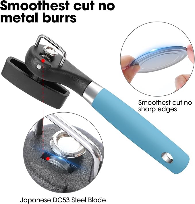 Beneno Can Opener, Manual Side Safe Cut Can Opener Smooth Edge with Durable Sharp Blade, Effort-Saving Knob & Comfortable Non-slip Handle, Aqua