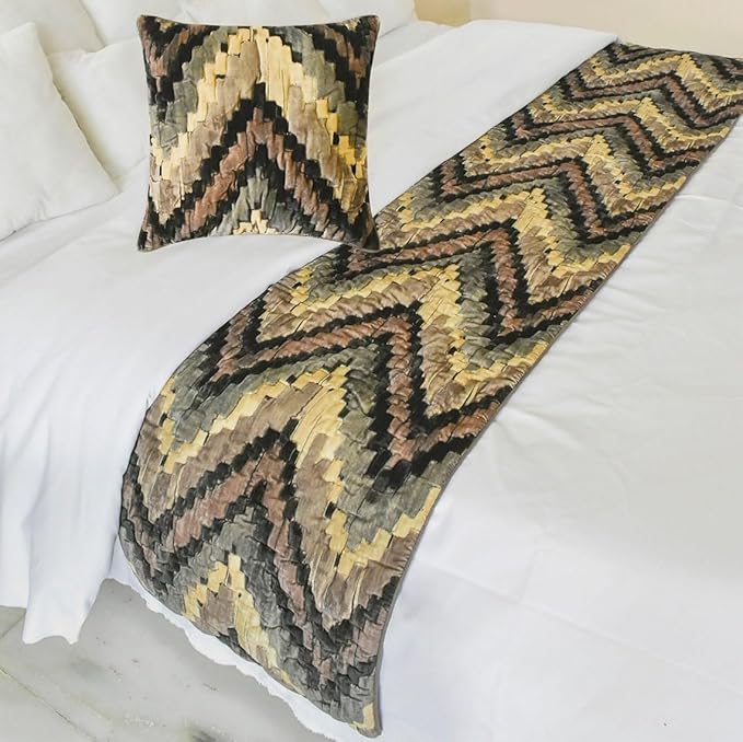 The HomeCentric King/Queen/Twin Beige Designer CA King 86"x18" Bed Runner with 2 Pillow Cover, Abstract, Chevron, Quilted Bed Scarf on Suede Velvet Fabric - Paramount