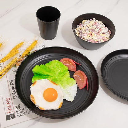 LIYH 48 Pcs Black Wheat Straw Plates and Bowls Dinnerware Set Camping Dish Set for 12, Plastic Plates and Bowls, Dishwasher Safe Dinnerware Sets, Unbreakable Plastic Camper Dishes Sets