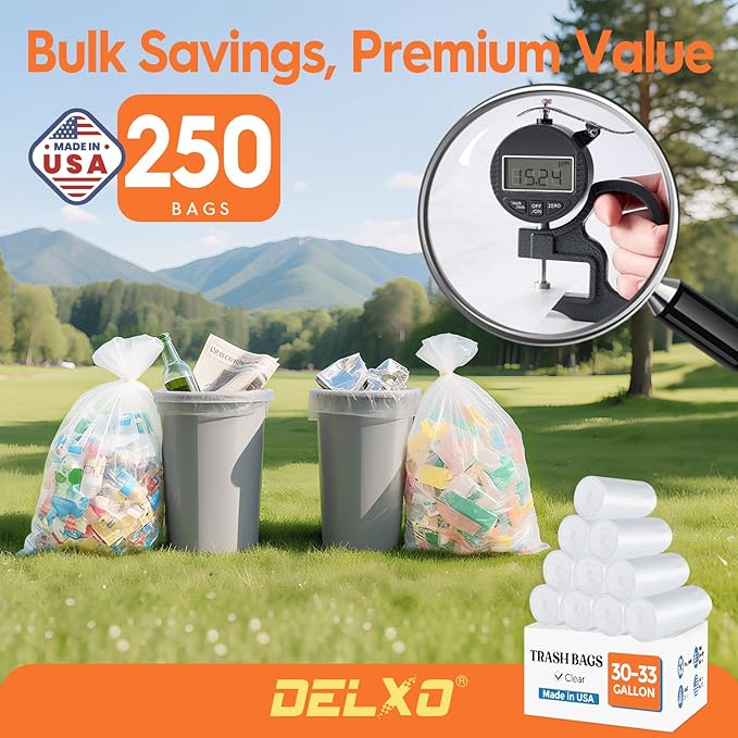DELXO 30-33 Gallon Trash Bags, 250 Count Heavy Duty Large Clear Garbage Bags, Thick Durable and Puncture-Resistant Plastic Bags for Kitchens, Yards & Offices, Made in USA