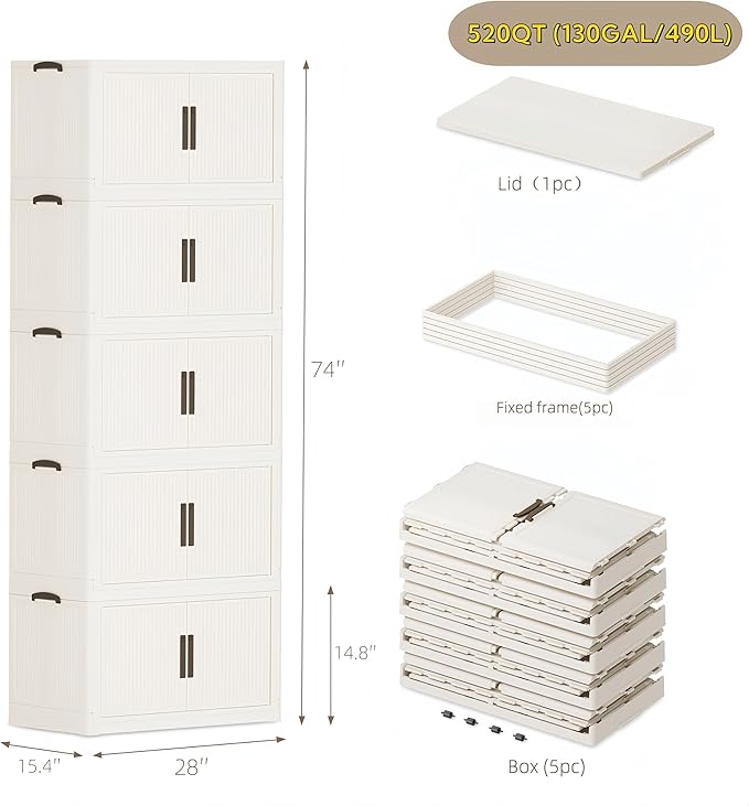 520QT/130GAL Stackable Storage Bins with 1 lid Storage Closet Organizers and Drawer Foldable Storage Bins Container with door Collapsible Storage Box for Home Office Dorm Room(104Qt X 5),White