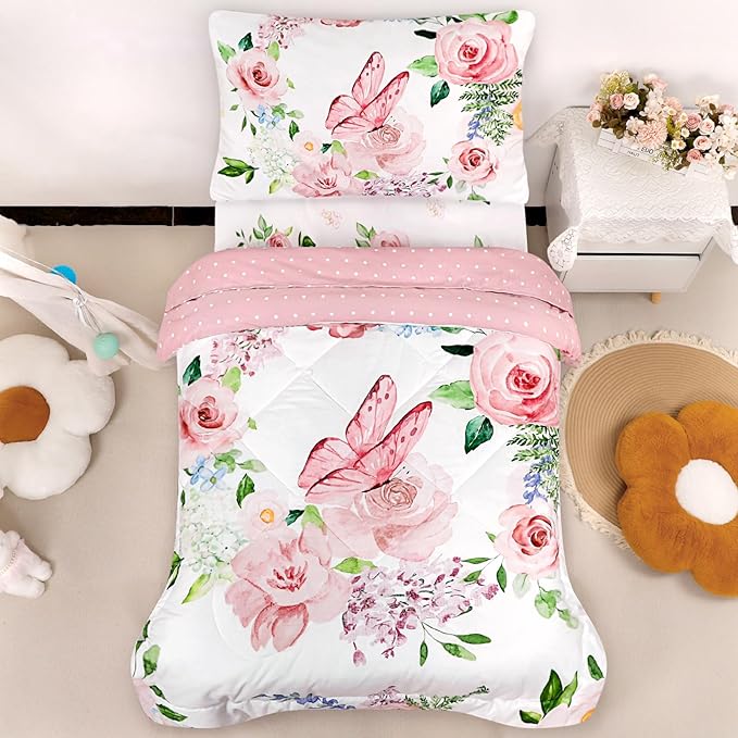 4 Piece Toddler Bedding Set for Girls, Butterfly Toddler Comforter Set, Ultra Soft Toddler Bed Set Includes Comforter, Flat Sheet, Fitted Sheet, Pillowcase (Pink Floral & Butterfly Pattern)