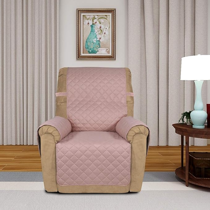 PureFit Reversible Quilted Sofa Cover, Water Resistant Slipcover Furniture Protector, Washable Couch Cover with Non Slip and Elastic Straps for Kids, Dogs, Pets (Small Recliner, Pink/Beige)