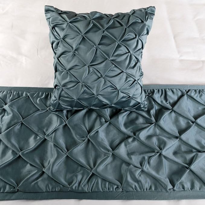 The HomeCentric Decorative Blue Twin 53 x 18 inch Bed Runner with 2 Matching Pillow Cover, Satin Pintucks Bed Scarf, Solid Color Modern - Satin Nights