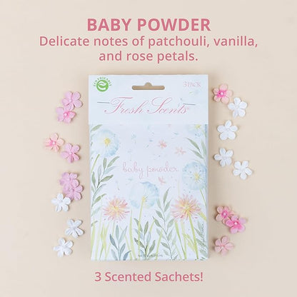 WILLOWBROOK | Fresh Scents Scented Sachet Packet | Baby Powder | Air Freshener Bags for Drawers, Closets, Cars | 6 Pack | Long Lasting Home Fragrance