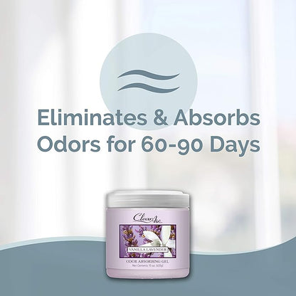 Clear Air Odor Absorber Gel - 15 oz, Pack of 2 - Air Freshener Absorbs and Eliminates Odors in Bathrooms, Cars, Boats, RVs and Pet Areas - Made with Essential Oils - Lavender Vanilla Scent
