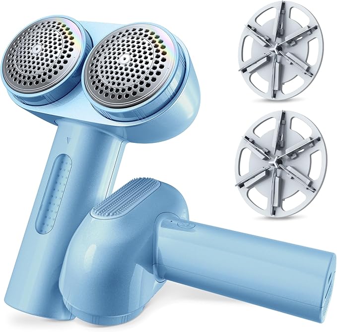 TORRAS Dual-Head Fabric Shaver, Longest Durability & 50ml Large Capacity Rechargeable Lint Removers to Remove Pills, 6-Leaf Blades Defuzzer, Electric Shaver for Clothes Couch Furniture, Sky Blue