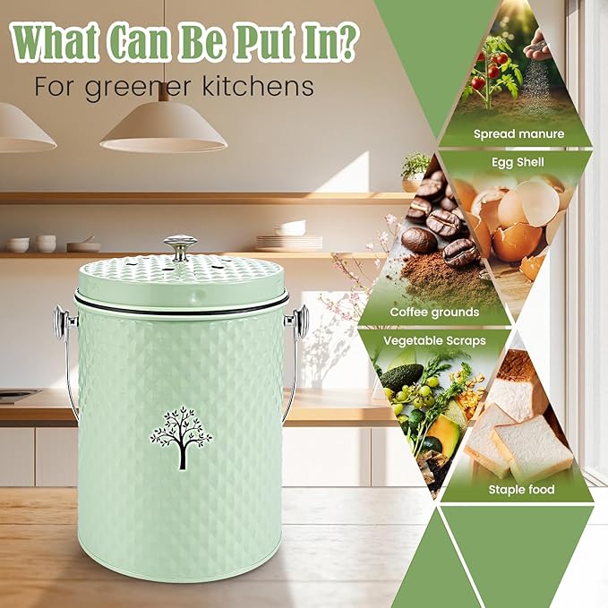 AOSION Countertop Compost Bin Kitchen，Odorless Indoor Compost Bin with Lid and Compost Bags,Compost Bucket Composter Container for Food Waste,Green