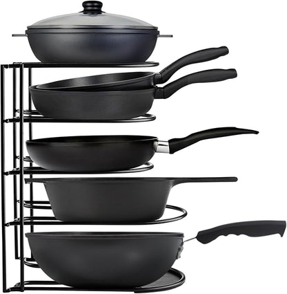 Heavy-Duty Pots and Pans Organizer | 5-Tier Cookware & Lid Storage Rack | Free-Standing or Wall-Mount | Kitchen Organizer for Cast Iron Skillets, Pots, Frying Pans, Lids | Black