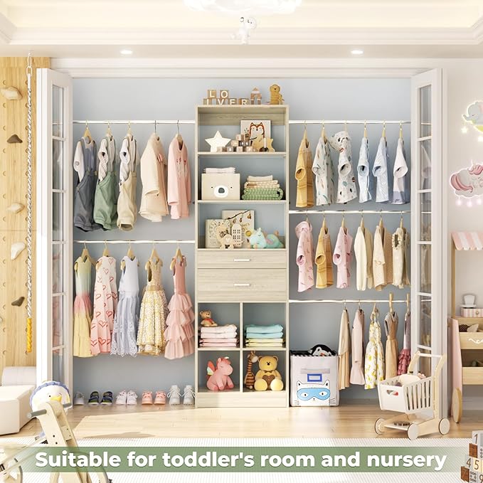 Closet System, 4-8 FT Closet Organizer Tower with 2 Wooden Drawers and Shelves, Can Fit 60 to 96 inch Walk-in Closet System with 5 Hang Rods, Built-in, Greige Oak