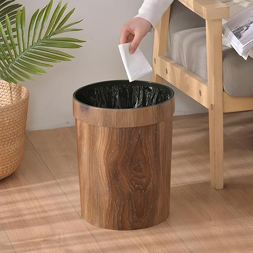 Wood Grain Plastic Trash Can Bedroom, Round 2-Pack, 3.4 Gal Farmhouse Wastebasket Bin Retro Style, Brown Trash Can for Room Aesthetic, Open Top Garbage Can for Office, Living Room, Hotel, Bathroom