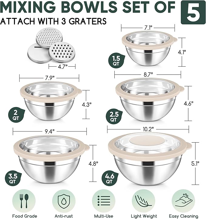 Herogo 5-Piece Mixing Bowls with Airtight Clear Lids, 3 Grater Attachments, Stainless Steel Salad Bowls for Kitchen, Size 4.6, 3.5, 2.5, 2, 1.5QT Ideal for Baking, Prepping and Serving, Khaki