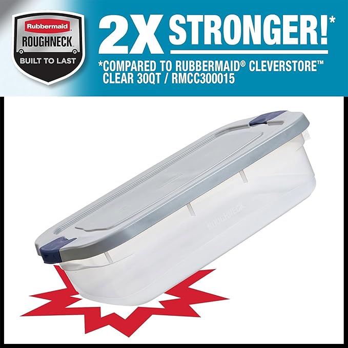 Rubbermaid Roughneck Clear 31 Qt/ 7.75 Gal Storage Containers, Pack of 6 with Snap-Fit Grey Lids, Visible Base, Sturdy and Stackable, Great for Storage and Organization