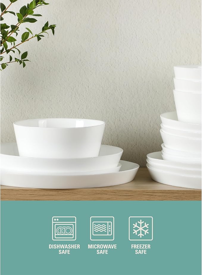 Gibson Home Modern Opal (Service for 4) 16 Piece Glass Chip Resistant Dishes Double Plates and Bowls Lightweight Dinnerware Set