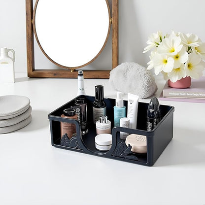 Metal Napkin Holder for Bathroom and Kitchen - Black Floral Design Disposable Hand Towel Holder Tray, Guest Towel Organizer for Countertop, Paper Napkin and Towel Dispenser(Black)