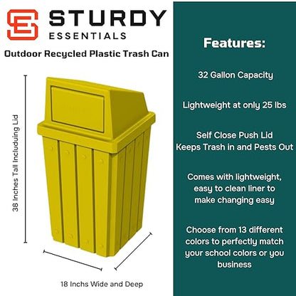 32 Gallon Square Slatted 100% Recycled Plastic Heavy-Duty Commercial Outdoor or Indoor Trash Can with Push Top Lid | Great for Schools and Businesses - Yellow