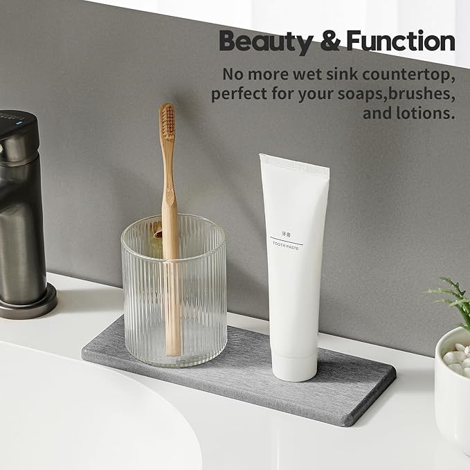 2PCS Bathroom Counter Vanity Trays, Water Absorbing Diatomite Stone Quick Drying Mat for Kitchen Sink Counter, Dish Rack Soap Dispenser Sponge Holder Caddy Organizer, Light Gray, 9"x 3.5"