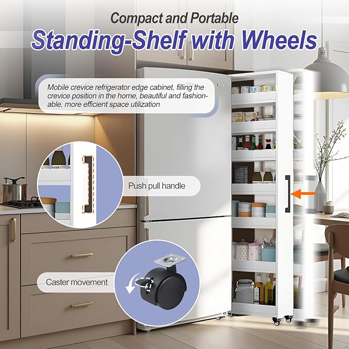 7-Tier Slim Storage Cart, Wooden Rolling Pantry Cabinet with Wheels, Narrow Shelf Organizer for Kitchen, Bakers Rack, Dining Room, Closet, Small Spaces Dark Walnut 47.2" H*5.9" W*16.9" D