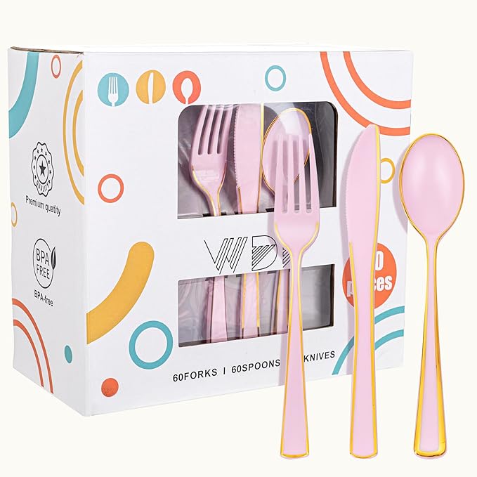 WDF 180 Pieces Pink Plastic Silverware with Gold -Pink Plastic Utensils Set - 60 Guest Pink Cutlery Disposable for Birthday/Party/Wedding