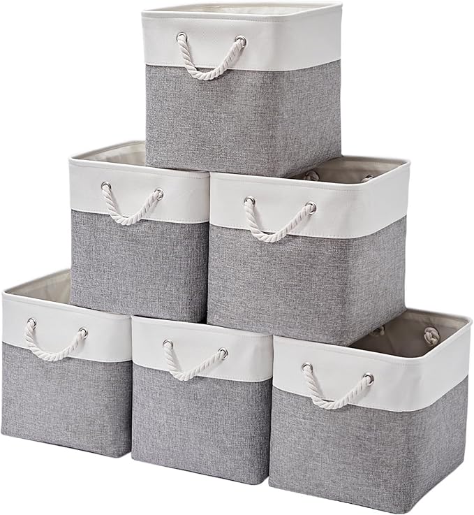 12 x 12 Inch Cube Storage Bins, 6 Pack Large Collapsible Fabric Storage Bin with Ropes, Foldable Storage Cubes for Home, Office,Closet, Clothes, Toys Organizer (White & Grey)