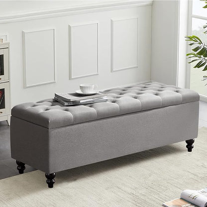 Storage Ottoman 50.2 Inches Upholstered Fabric Bench，Button Tufted for Living Room，Bedroom End of Bed Bench Withstands 303lbs (Grey)